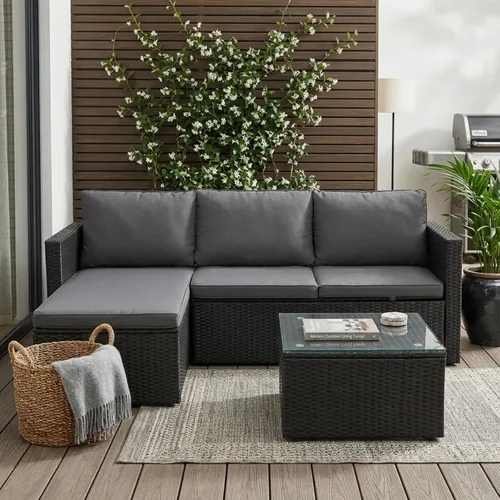 Vista 3 de JAMFLY Juego de sofá seccional de 3 piezas para exteriores con mesa de centro de cristal, muebles de mimbre de polietileno para todo tipo de clima