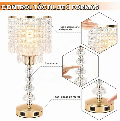Vista 4 de Lámpara de mesa de cristal con control táctil, regulable de 3 vías, lámpara pequeña para mesita de noche con 2 puertos de carga USB, lámpara de mesa