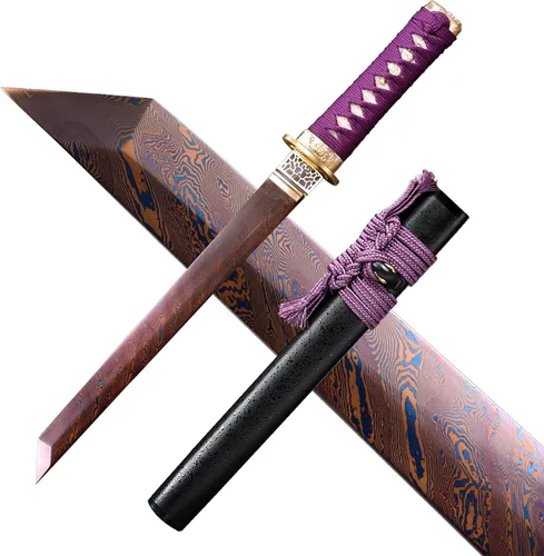 Vista 2 de Espada samurái de acero al carbono, espada pequeña japonesa Tanto espada pequeña Katana de espiga completa (morado)
