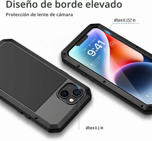 Vista 4 de Lanhiem Funda de metal para iPhone 14, resistente a los golpes, con protector de pantalla de vidrio integrado, 360º cuerpo completo a prueba de Negro