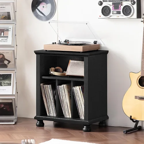 Vista 9 de Joaxswe - Soporte para tocadiscos de 24 pulgadas de ancho con almacenamiento de discos de vinilo, color negro Mid-Century Record Player Table Up