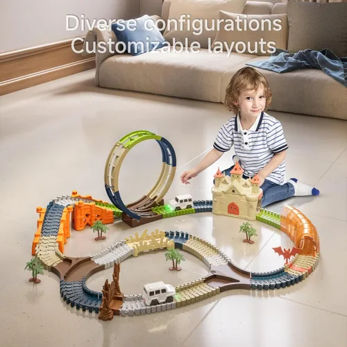 Vista 7 de TUMAMA - Pista de carreras de 202 piezas de juguetes de castillo mágico para niños y niñas de 3, 4, 5, 6, 7 años, pista de tren flexible giratoria