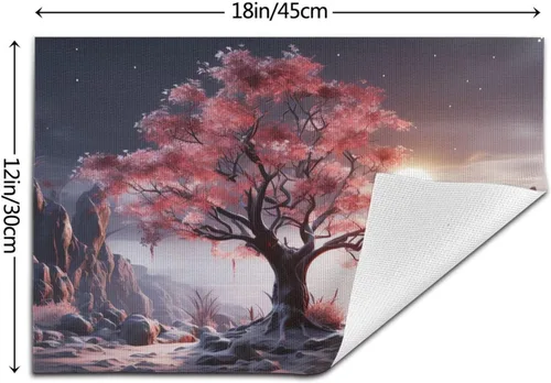 Vista 2 de 6 PCS PVC Placemats Set Place Mats Big Tree Growing on Pile of Stones Non-Slip Weave Place Mats 12" x 18" Farmhouse Table Mat Set for Family Dinners
