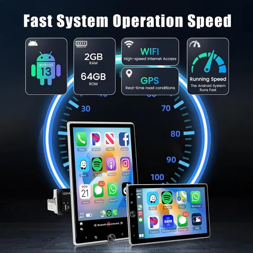 Vista 2 de [2G+64G] Radio de coche de 10.4 pulgadas con Carplay inalámbrico Android Auto, Android Rotatable Touch Screen Radio con GPS, WiFi, Mirror Link