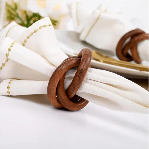 Vista 10 de Juego de 12 Servilleteros de Madera de Tres Anillos - Portaservilletas de Madera de Acacia Entrelazados para Decoración de Mesa de Comedor - Anillos