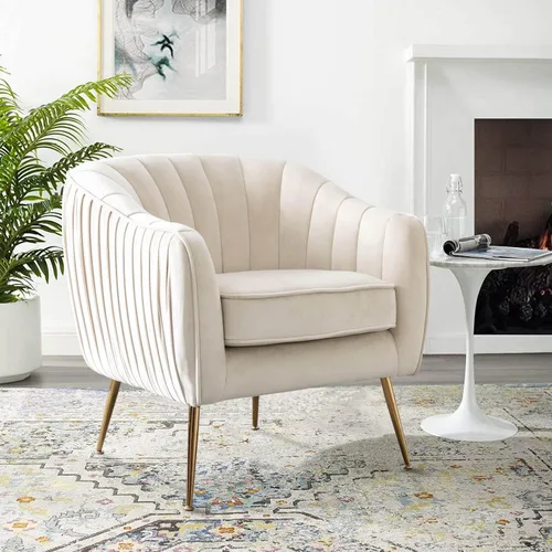 Vista 11 de Silla decorativa de terciopelo, moderna silla con brazo de barril con patas de metal con acabado dorado para sala de estar y dormitorio, color verde