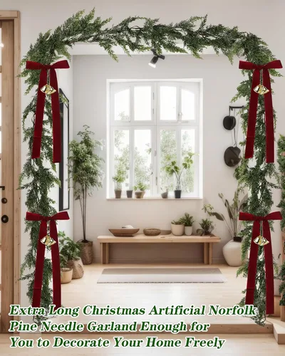 Vista 5 de Suncalla 17 pies extra larga guirnalda de Navidad artificial de cedro pino ciprés con cintas y campanas decoraciones de pino de toque real