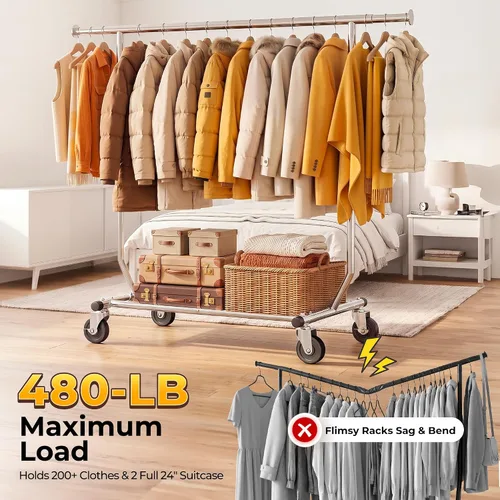 Vista 10 de HOKEEPER Perchero para ropa, percheros enrollables para colgar ropa, perchero portátil con ruedas bloqueables, perchero de ropa resistente de uso