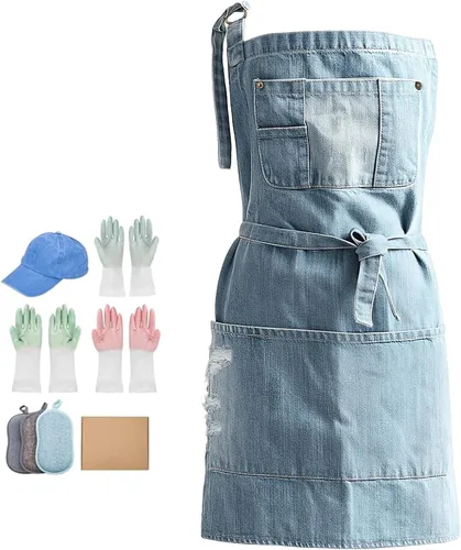 Vista 7 de Denim Apron With 5 Pockets for Kitchens,Hairstylist Aprons for Women Men,Adjustable Bib Jean Apron for Arts Cafe Work