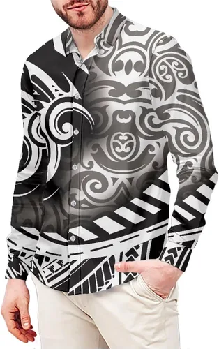 Vista 15 de Camisa polinesia con botones para hombre, Aloha Samoan, patrón tradicional, manga larga, camisa hawaiana para hombre, talla grande, casual