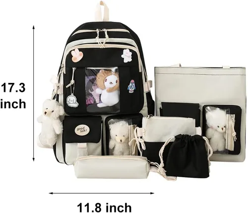 Vista 6 de AONUOWE Mochila Kawaii con bonitos alfileres y colgantes, juego de 5 piezas, mochila estética, Negro -, Mochila, viaje, único