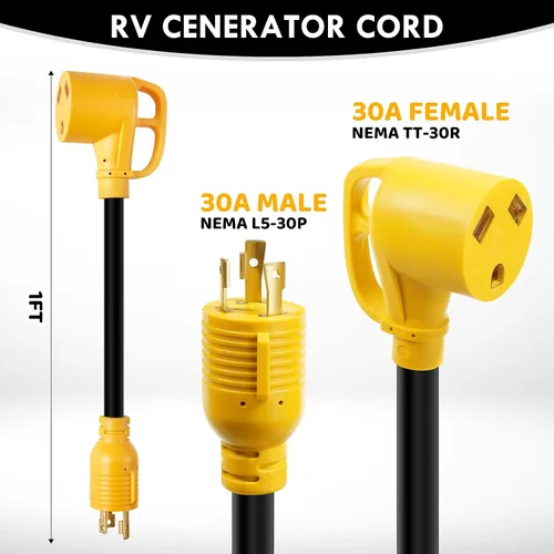 Vista 2 de Cable adaptador de generador RV de 30 amperios, adaptador de bloqueo giratorio de 30 amperios, NEMA L5-30P bloqueo giratorio macho a TT-30R hembra