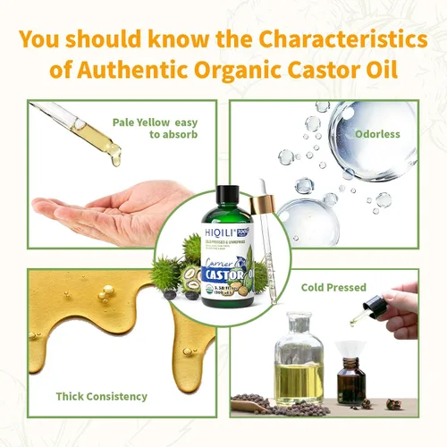 Vista 6 de HIQILI Aceite de ricino orgánico prensado en frío sin refinar, certificado por USDA, sin hexano, aceite de grado prémium para cara, crecimiento