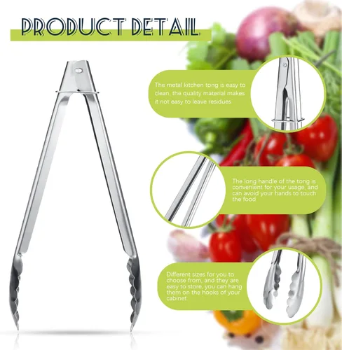 Vista 6 de Chengu Juego de 18 pinzas de cocina de acero inoxidable con anillos deslizantes de 7 pulgadas, pinzas de cocina antideslizantes para ensalada