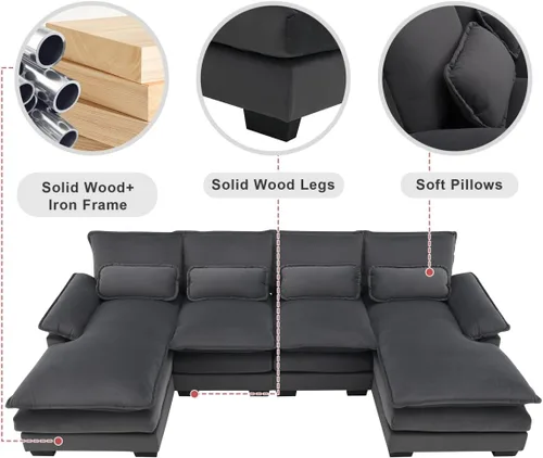 Vista 3 de Sofá modular en forma de U de 109.8 pulgadas con almohadas para la cintura, sofá simétrico tapizado de 6 asientos, sofá cama con diván, color gris