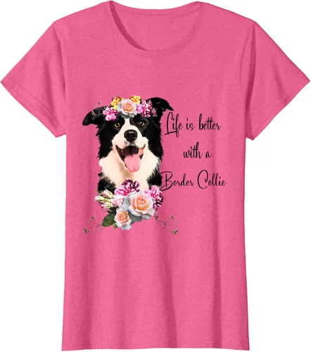 Vista 69 de Life is Better With a Border Collie - Camiseta de perro lindo con flores, gris, S Gris Oscuro