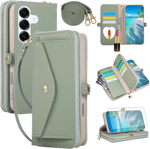 Vista 49 de Asuwish Funda de teléfono para Samsung Galaxy S23 5G con cremallera, funda para celular con protector de pantalla, correa para el hombro, espejo
