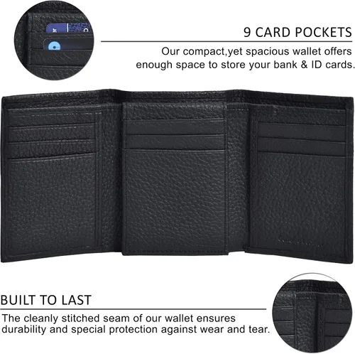 Vista 2 de Cartera de cuero para hombre, bloqueo RFID cartera de viaje inteligente con bolsillo frontal, delgada, color negro.