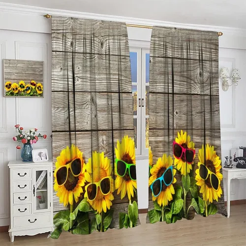 Vista 3 de Cortina de girasoles de verano, girasoles con gafas de sol sobre madera, bolsillo para barra, cortinas opacas para dormitorio, cocina, sala