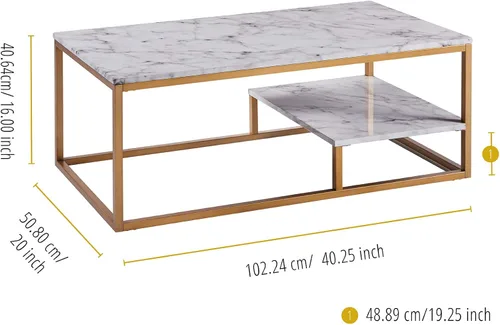 Vista 3 de Teamson Home Marmo Mesa auxiliar rectangular moderna de mármol sintético con estante de almacenamiento y superficie fácil de limpiar para sala