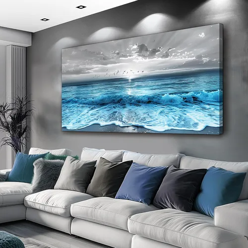 Vista 14 de ERQINHUA Gran decoración de pared para sala de estar, arte de pared en lienzo para restaurante, decoraciones para oficina, pinturas de mar azul
