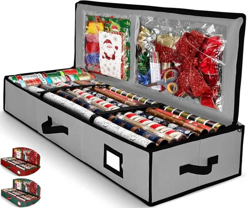 Vista 9 de Organizador de papel de regalo de alta calidad, soporte para papel de regalo con bolsillos adicionales para decoraciones navideñas, asas reforzadas