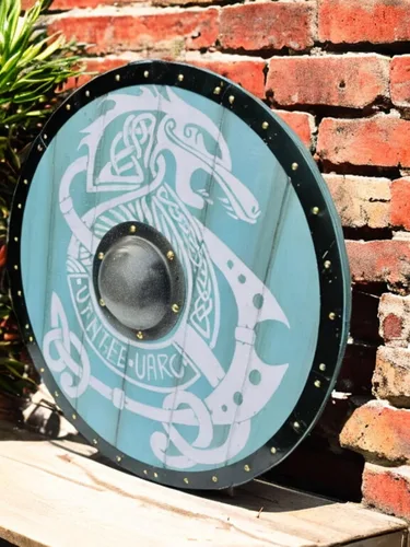 Vista 2 de Troy Artefacts™ Escudo vikingo Fenrir liso de madera azul cielo de 24 pulgadas hecho a mano, perfecto para LARP, juegos de rol, cosplay, Halloween