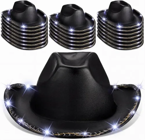Vista 10 de Tisancy Paquete de 20 sombreros de vaquera con luces LED intermitentes para despedida de soltera occidental, boda, novia Negro