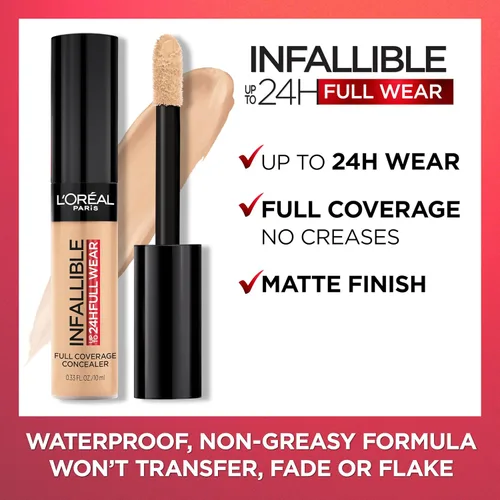 Vista 7 de L'Oreal Paris Makeup Infalible Full Wear Corrector mate impermeable, cobertura completa, tono de piel claro (Porcelain), 0.33 fl oz 320 PORCELANA