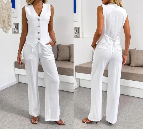Vista 3 de heipeiwa Pantalones de mujer de lino casual de cintura alta de pierna ancha estilo recto de algodón y lino con botones