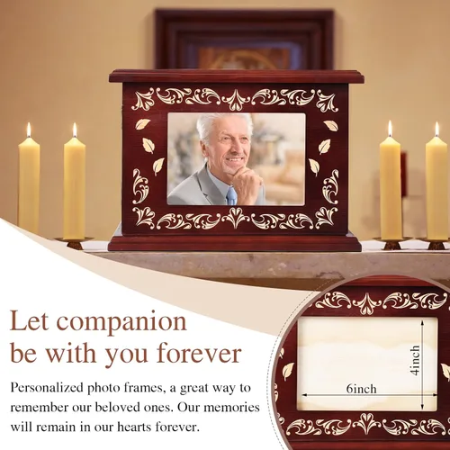 Vista 3 de Urnas de cremación para cenizas humanas adultas masculinas o femeninas, urnas funerarias para cenizas con marco de fotos, caja de recuerdo de madera