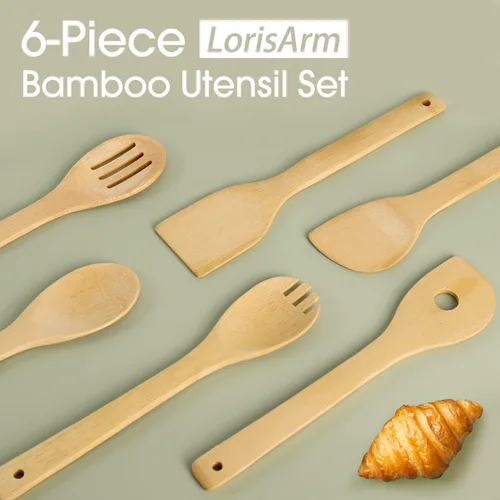 Vista 4 de LorisArm Juego de utensilios de cocina antiadherentes de 12 ″ para cocinar de bambú de 6 piezas, espátula de madera, cuchara antiadherente.