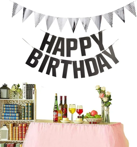 Vista 3 de Juego de decoraciones de fiesta de cumpleaños número 15 para niñas, niños, mujeres y hombres, pancarta negra con letras de feliz cumpleaños