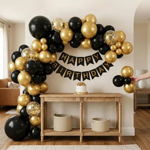 Vista 6 de Kit de arco de guirnalda de globos negros y dorados, 18, 12, 10, 5 pulgadas, globos de látex de confeti dorado metálico negro para decoraciones