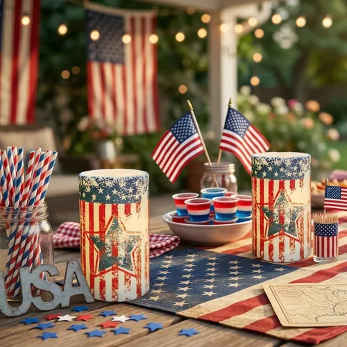 Vista 7 de Velas patrióticas del 4 de julio operadas por batería con temporizador y control remoto para decoraciones del Día de la Independencia Americana