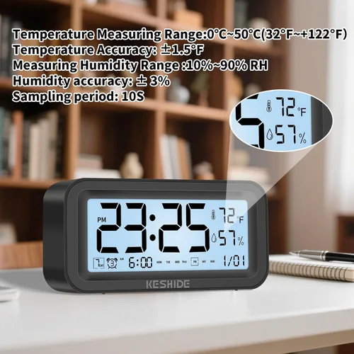 Vista 4 de Reloj despertador digital con luz nocturna, funciona con pilas, con temperatura interior y humedad, reloj pequeño de escritorio, modelo con función