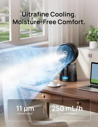 Vista 4 de DREO TurboCool Ventilador de nebulización 516, oscilación omnidireccional de 150°+30°, ventilador de enfriamiento de escritorio de caída de 5 ℉