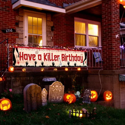 Vista 5 de Labakita Cartel grande de cumpleaños con texto en inglés "Have a Killer", decoración de fiesta de cumpleaños de Halloween, terror de terror