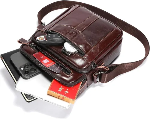 Vista 3 de Bolsos cruzados de cuero para hombre, bolso de hombro casual, bolso de mensajero de viaje, bolso vintage con múltiples bolsillos