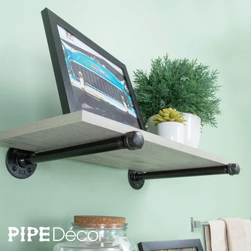 Vista 6 de Pipe DÉCOR - Juego de 4 soportes industriales galvanizados de acero negro para estantes colgantes, soporte montado en la pared, pre-sellado y listo