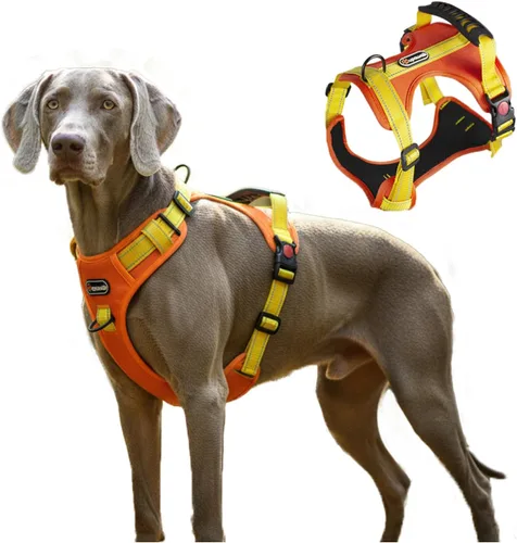 Vista 17 de Arnés táctico para perro, ajustable, sin tirones, con correas reflectantes y asa, arnés para cachorros con clips metálicos dobles para correa