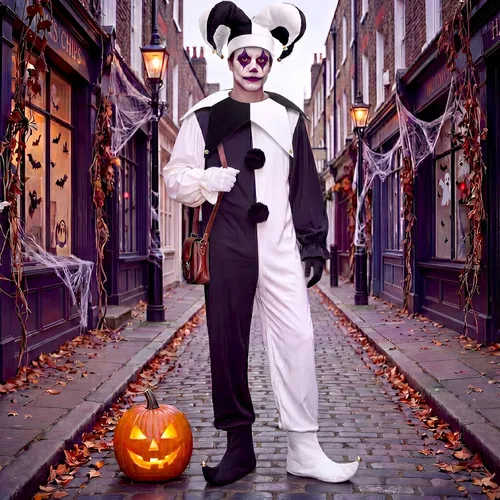 Vista 4 de Chicingyou 4 piezas de disfraces de payaso bufón de Halloween para adultos Negro blanco