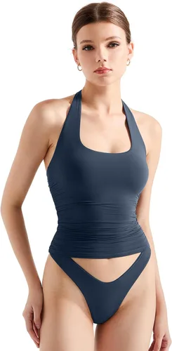 Vista 19 de SUUKSESS Camisetas sin Mangas para Mujer con Cuello Halter Forro Doble Sin Espalda Y2K Modernas para Salir Aguamarina