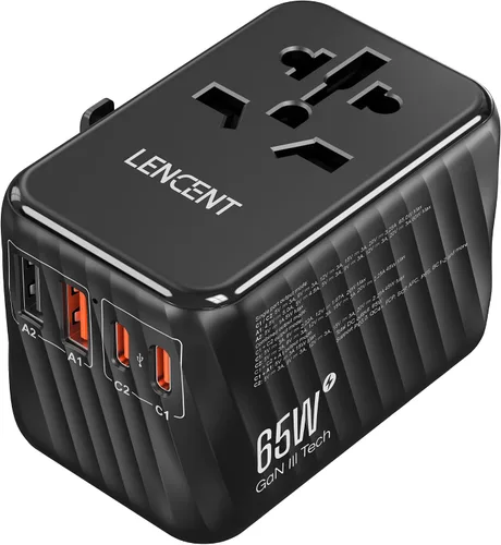 Vista 8 de LENCENT Adaptador de corriente de viaje universal, adaptador de enchufe de CA internacional con 5.6A 3 USB C 2 puertos USB A cargador de pared