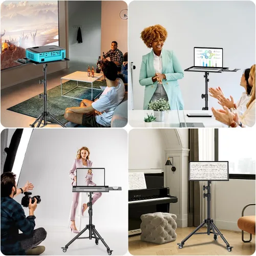 Vista 2 de Soporte para proyector con ruedas, trípode para laptop de 29 a 69 pulgadas con bandeja para mouse, soportes de DJ de altura ajustable con soporte