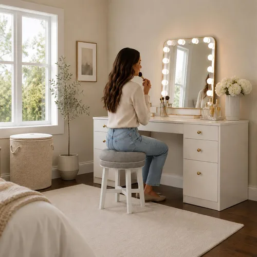 Vista 6 de Hillsdale, Sophia Taburete redondo de madera capitoné y tapizado sin espalda para sala de maquillaje o baño, gris