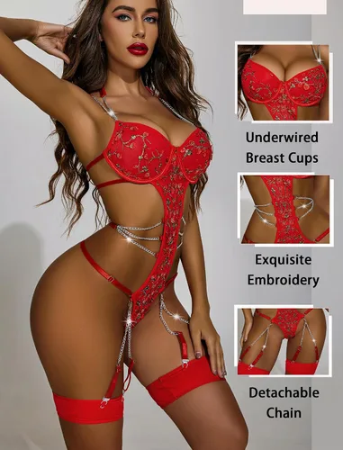 Vista 4 de Avidlove Conjunto de lencería para mujer con aro floral, liguero, lencería push up, conjunto de liguero de cadena