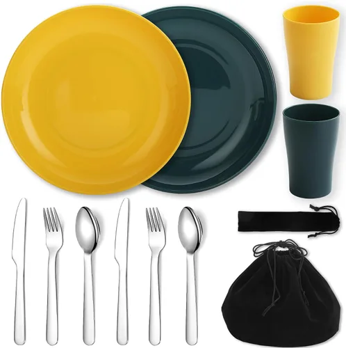 Vista 9 de Evanda Juego de cubiertos de camping, taza ligera reutilizable, plato y cubiertos de acero inoxidable con bolsa negra, apto para lavavajillas 1.1