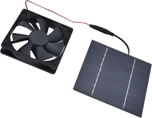 Vista 6 de Hyuduo Panel solar de 10 W, 10 W, doble ventilador, impermeable, panel solar para interiores y exteriores, con kit de ventilador de escape