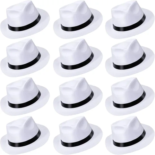 Vista 9 de Sureio Sombrero de gángster de 12 piezas, sombreros de plástico para caballeros, sombreros de disfraz de gángster para hombres, mujeres, niños